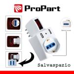 ADATTATORE 2 POSTI bipasso/schuko +USB spina10A salvasp. + int.