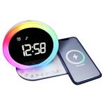 RADIO SVEGLIA FM CON DOPPIO ALLARME
ANELLO LUMINOSO RGB CON 5 EFFETTI LUCE AMBIENTALE
PORTA DI RICARICA USB E BASE DI RICARICA WIRELESS PER SMARTPHONE