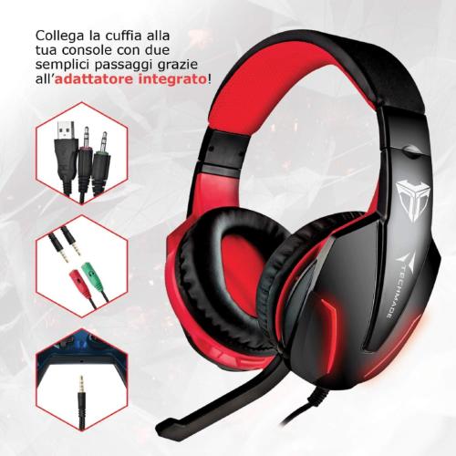 CUFFIA STEREO CON MICROFONO GAMING LED 3,5MM/USB  TECHMADE NERA/RED
