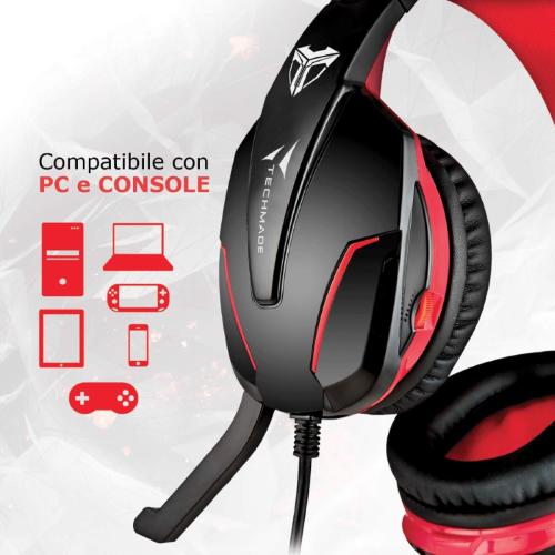 CUFFIA STEREO CON MICROFONO GAMING LED 3,5MM/USB  TECHMADE NERA/RED