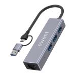 HUB 3 PORTE USB CON RETE GIGABIT USB A /USB C EWENT EW1159 NERO