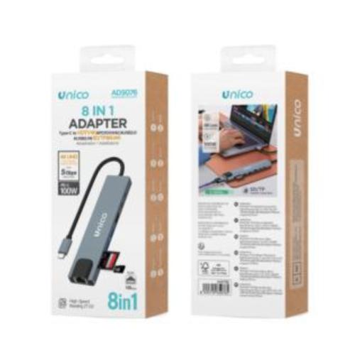 ADATTATORE HUB UNICO USB C 8 IN 1 HDTV4K PD 100W 100W TF RJ45 2USB 2USBC