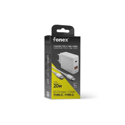 CARICATORE DA CASA 20W PORTA TIPO C E USB  + CAVO USB C/C 1MT FONEX BIANCO