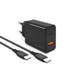 CARICATORE DA CASA 20W PORTA TIPO C E USB  + CAVO USB C/C 1MT FONEX NERO