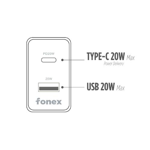 CARICATORE DA CASA 20W PORTA TIPO C E USB  + CAVO USB C/C 1MT FONEX NERO