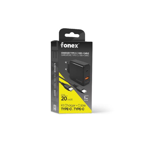 CARICATORE DA CASA 20W PORTA TIPO C E USB  + CAVO USB C/C 1MT FONEX NERO