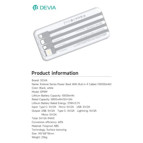 BATTERIA UNIVERSALE PORTATILE Power Bank serie Kintone con 4 cavi integrati 10000 mAh DEVIA BIANCA