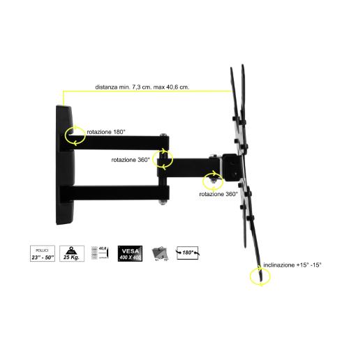 BRACCIO A MURO A 3 SNODI PER TV FINO A 25 KG, 50" FINO A VESA 400X400