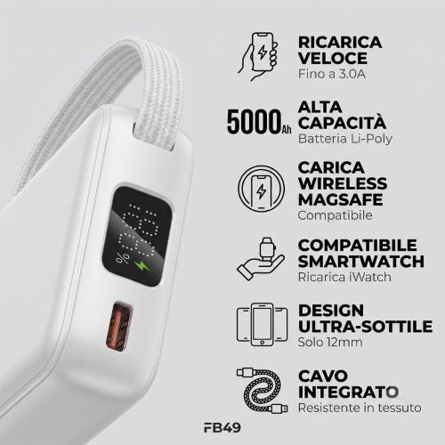 BATTERIA UNIVERSALE PORTATILE POWER BANK 5000 CON CAVO TIPO C FEDER BIANCA